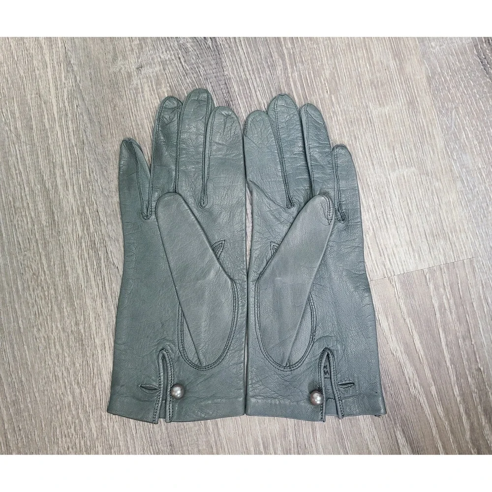 VTG 50's Macy Associates Sz 6½ Washable Gray Leather Gloves Faux Pearl Retro